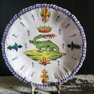 Antique French Faience Crown Dragon Motif Hand-Painted Design Fontainebleau Mark